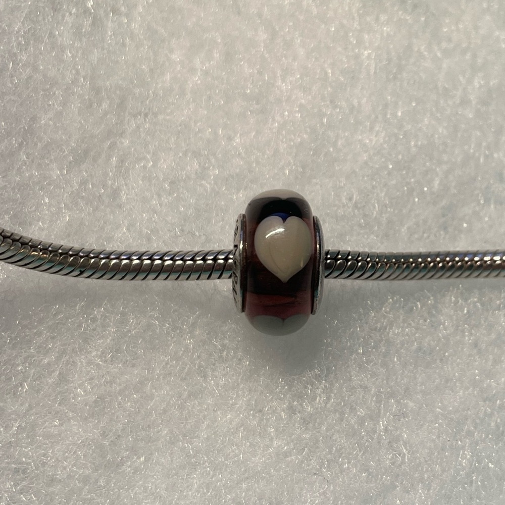 Pandora Purple White Heart Murano Glass Charm